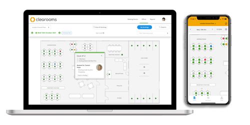 Clearooms desk booking floor plan on a laptop and mobile app
