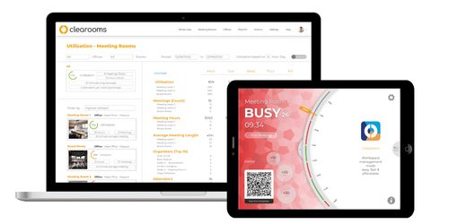 Meeting room availability in Clearooms on a laptop, room display tablet and phone